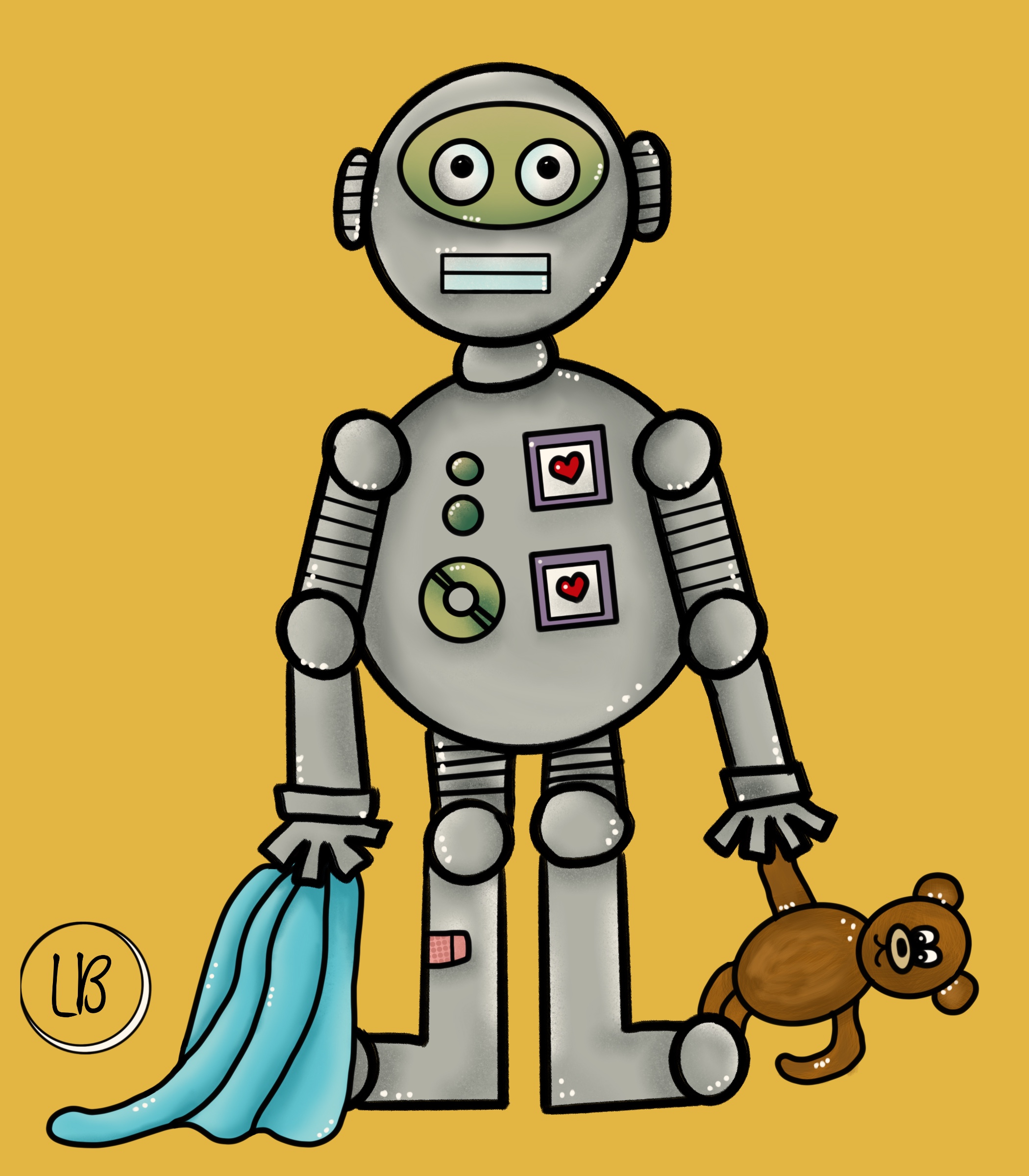Digital illustration of a round child robot holding a teddy bear and blanket.